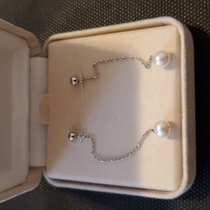 Macys White Freshwater Pearl Chain Earrings in 14k White Gold - EUC